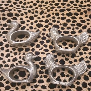 Vintage pewter finish metal napkin rings Roosters ducks set of 4 silver